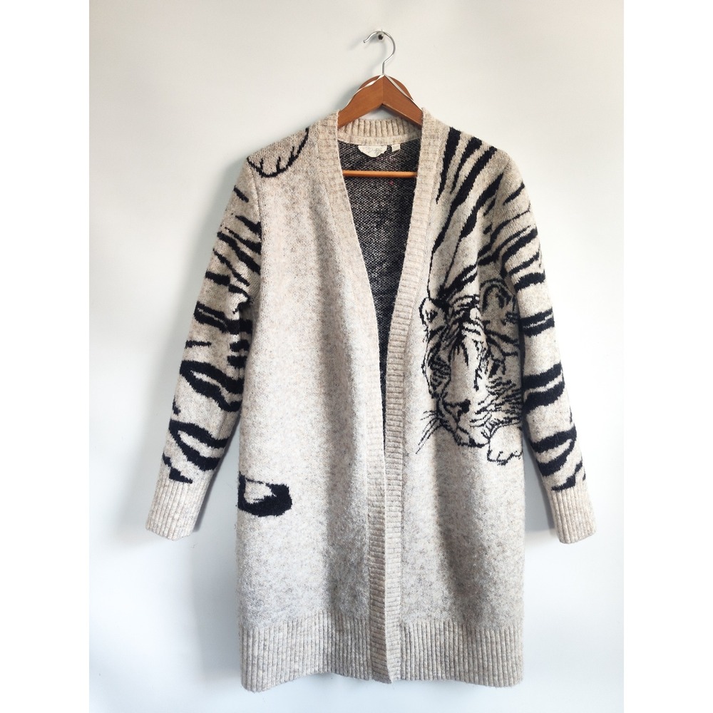 Rd Style Long Cardigan Sweater Medium Tiger Intarsia Oatmeal Longline Open Front
